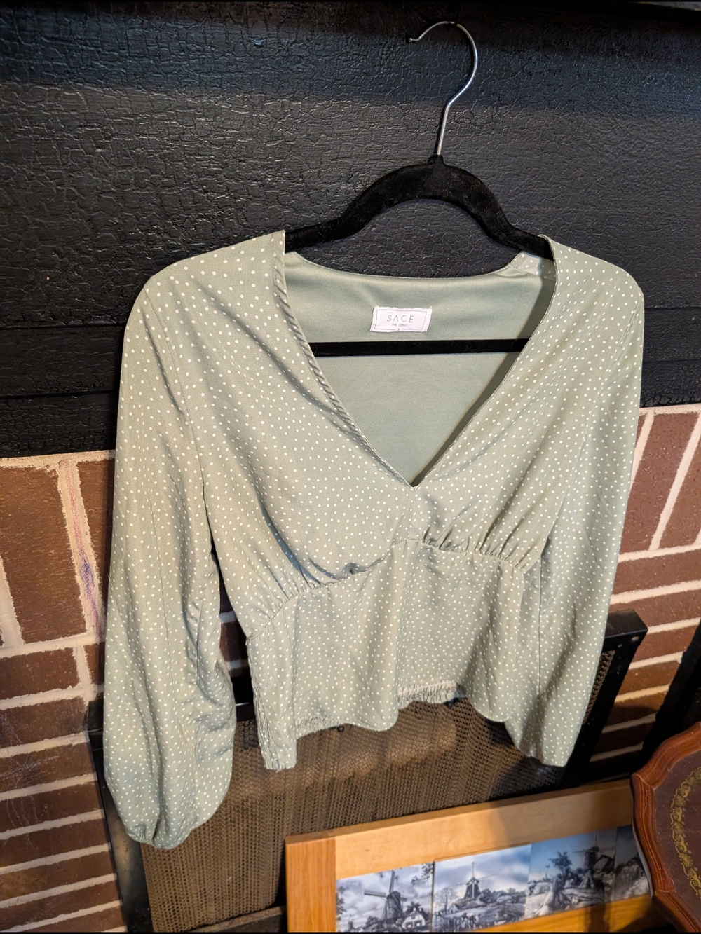 Sage Olive Green Polka Dot Wrap-Front Blouse